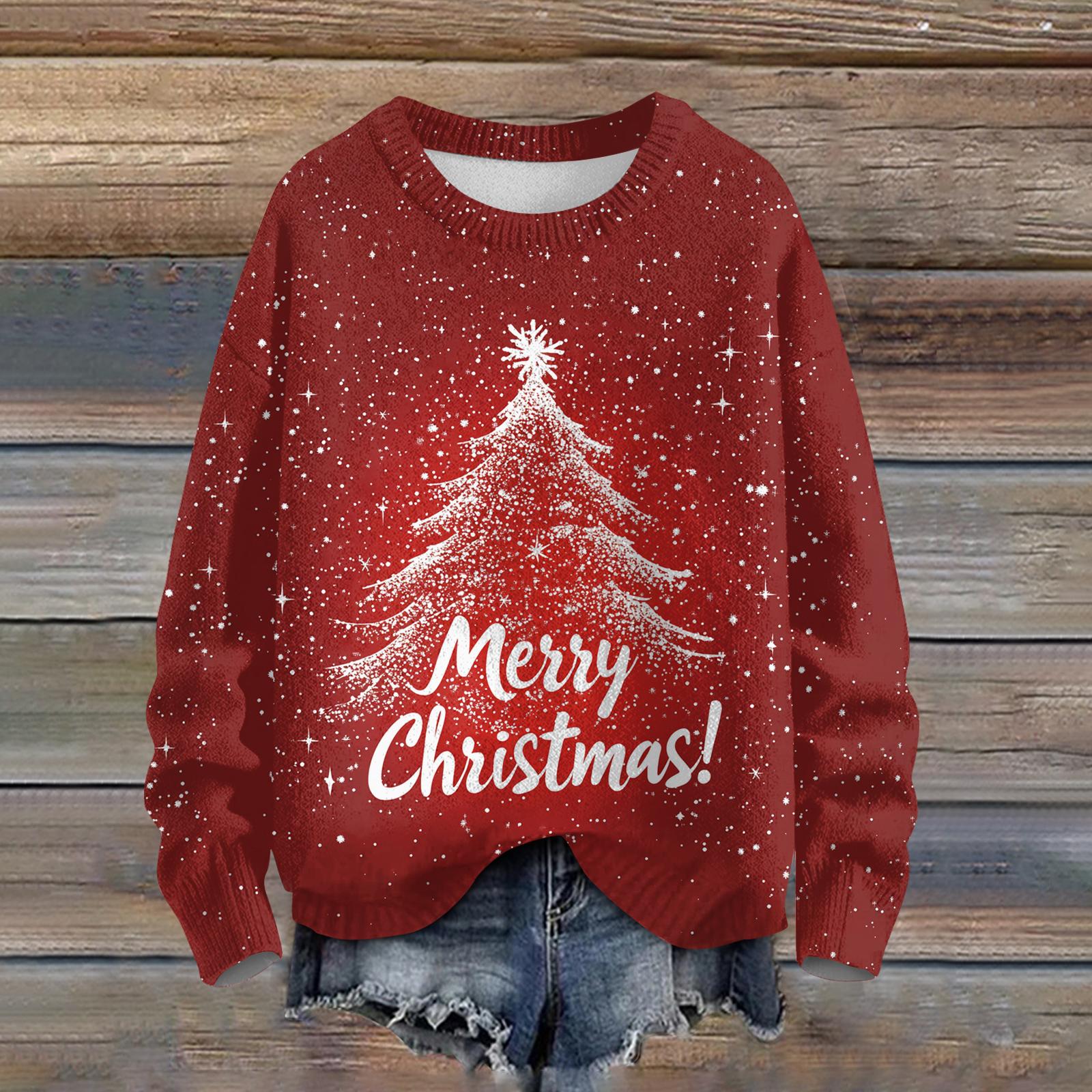 

Ladies Fashionable Casual Long Sleeved Beautiful Christmas Tree Print Round Neck Yarn Knitting XXL