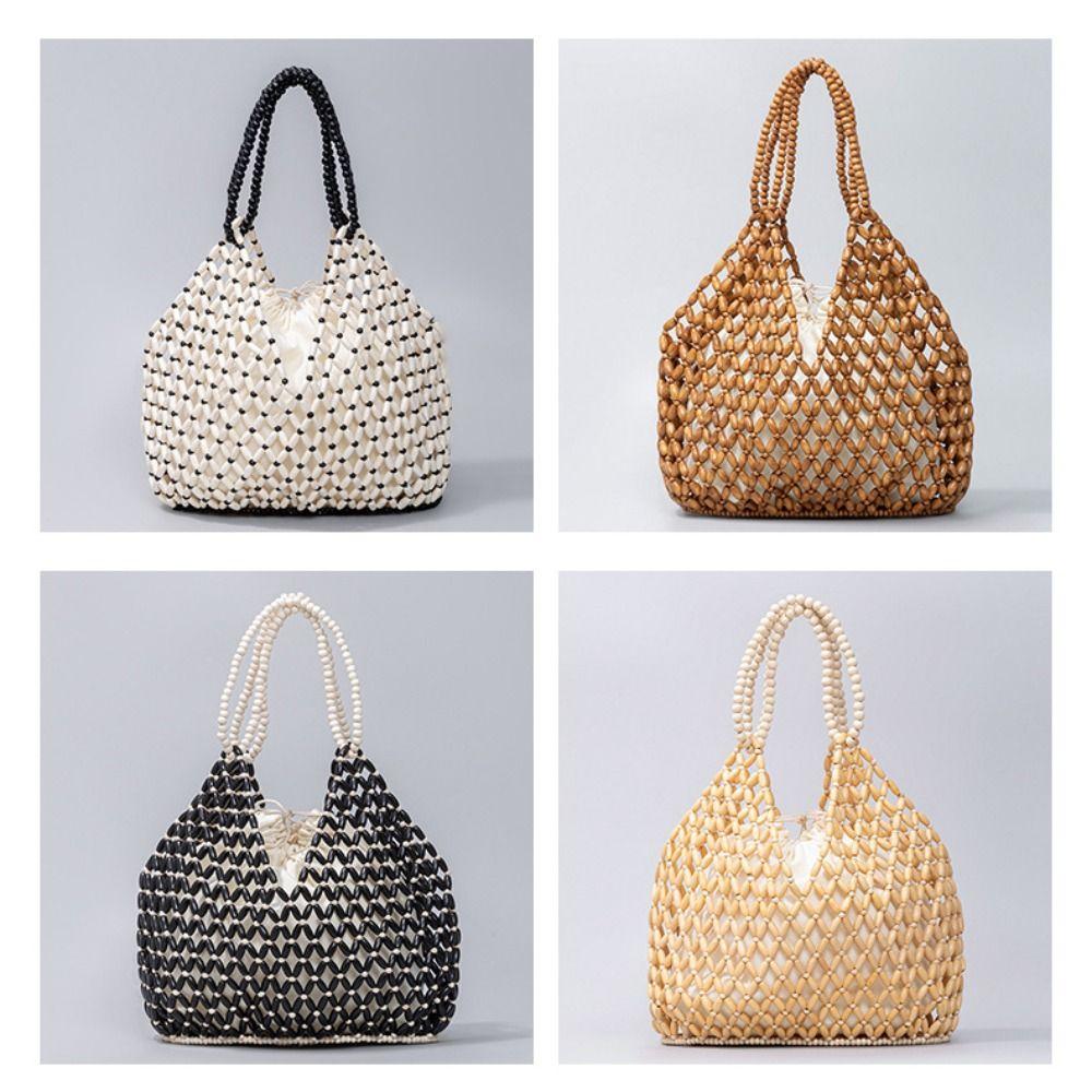 Fashion Polyester Lining Beaded Shoulder Bag Large Capacity Handwoven Ladies Handbag Bucket Shape Women Crossbody Bag Ladies