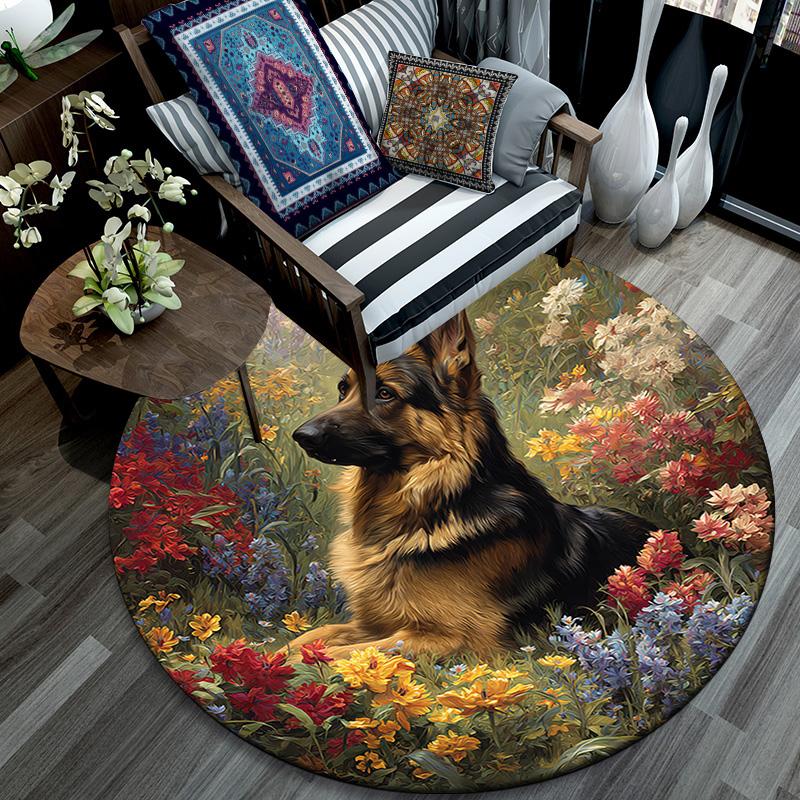 German Shepherd Round Area Rug,Carpet Rug for Living Room Bedroom Sofa Playroom Decor,Non-slip Floor Mat