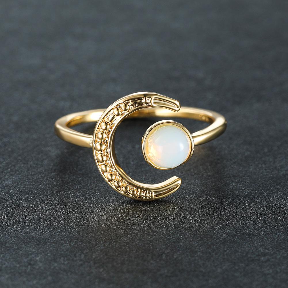 

Французское Элегантное Ретро Золотое Кольцо с Луной и Лунным Камнем для Женщин Модное и Регулируемое Кольцо с Открытием Opening adjustable