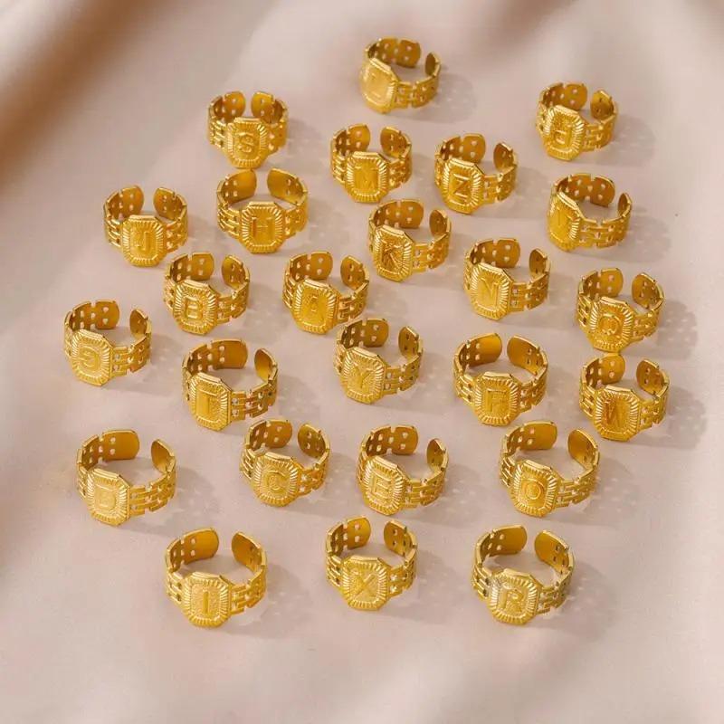 Titanium Steel Simple and Fashionable English Letter Ring Versatile Gold Chain Opening Adjustable Ring Women