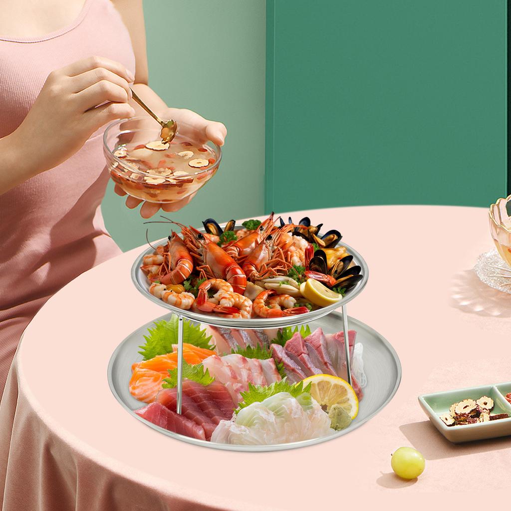 Set di Piatti da Portata per Frutti di Mare a 2 Piani, Vassoio Rotondo in Metallo da 20 cm e 25 cm con Supporto, Piatto d'Argento per Antipasti, Vassoio per Sushi, Piatto da Festa