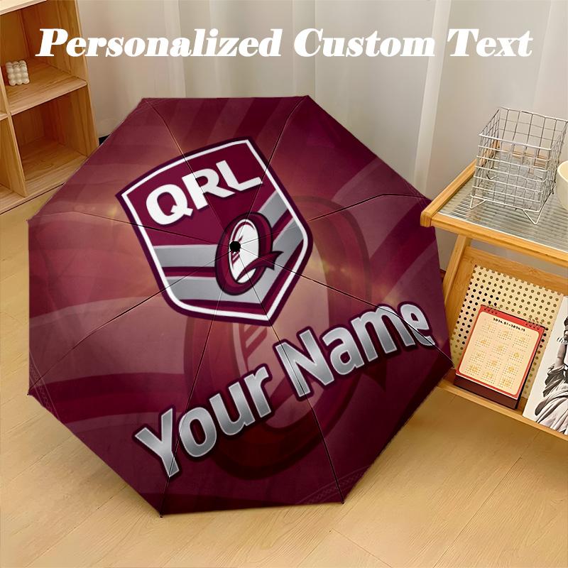 Queensland Maroons Automatic 8‑ribs Umbrella, Custom Name Text Personalized Folding Umbrella Rain Sun Gift