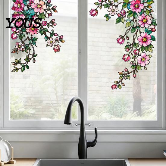 Waterproof Window Stickers 2PCS Flower Print Static Stickers, Glue-free Electrostatic Decorative Film, Removable Floral Cling for Glass Door