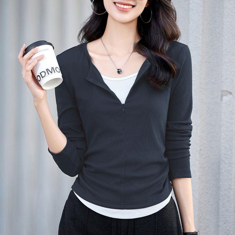 Dámské tričko s falešným dvoudílným designem, sešívané, podzimní vnitřní top s dlouhým rukávem