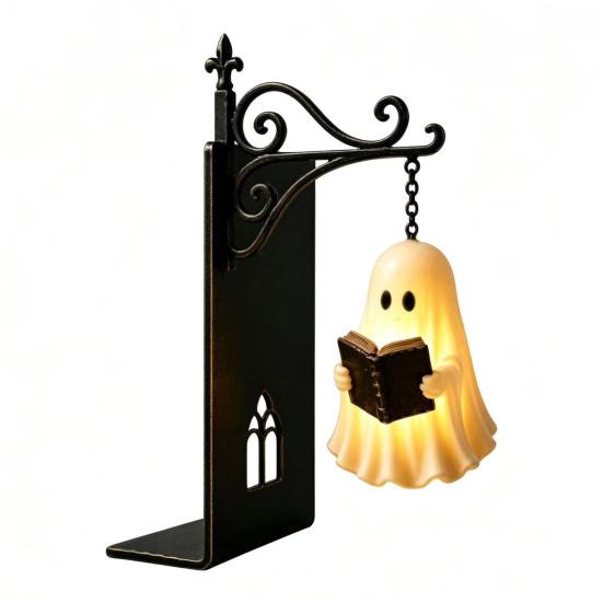 Decorative Metal Bookends for Shelves Gothic with Hanging Light, Cat Raven Ghost Unique Study Room Accessories Bookshelf Lamp, Vintage Church