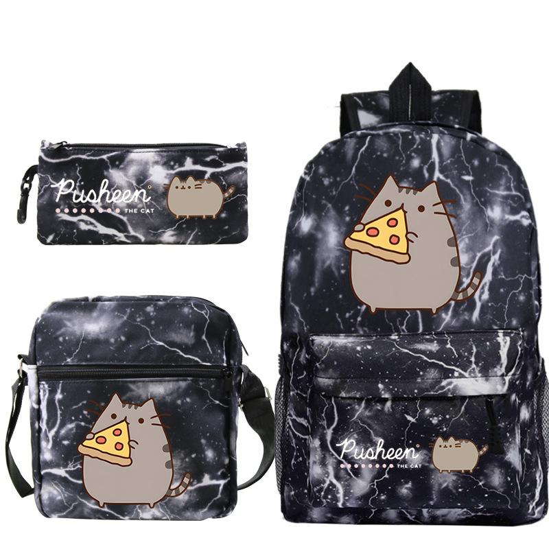 Pusheen fette Katze niedlicher Cartoon bedruckter Schulranzen grenzüberschreitende Studenten tragbare Umhängetasche Federmäppchen dreiteiliges Set