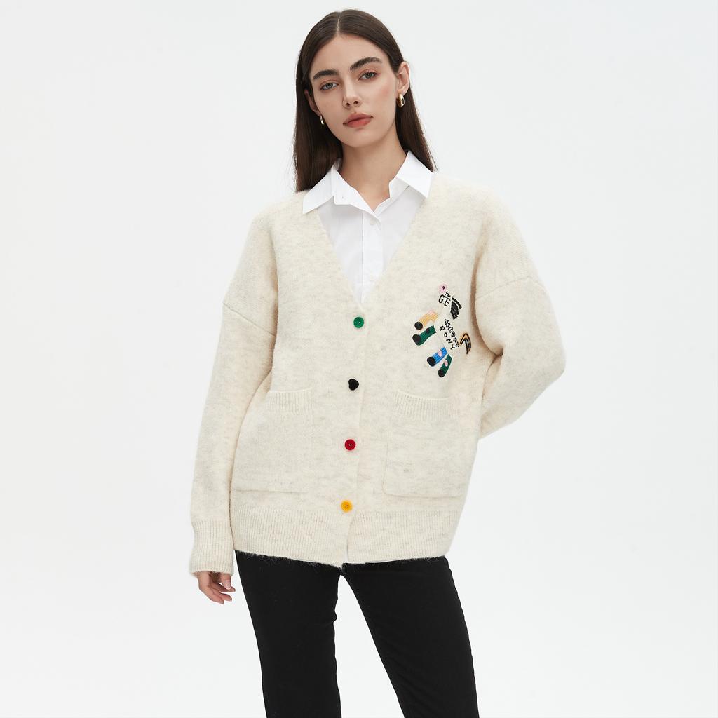 Dimanaf 2025 Sweaters Buttons Embroidery Print Cardigan Autumn Pockets Women Print Sweaters Knitting Loose Sweater