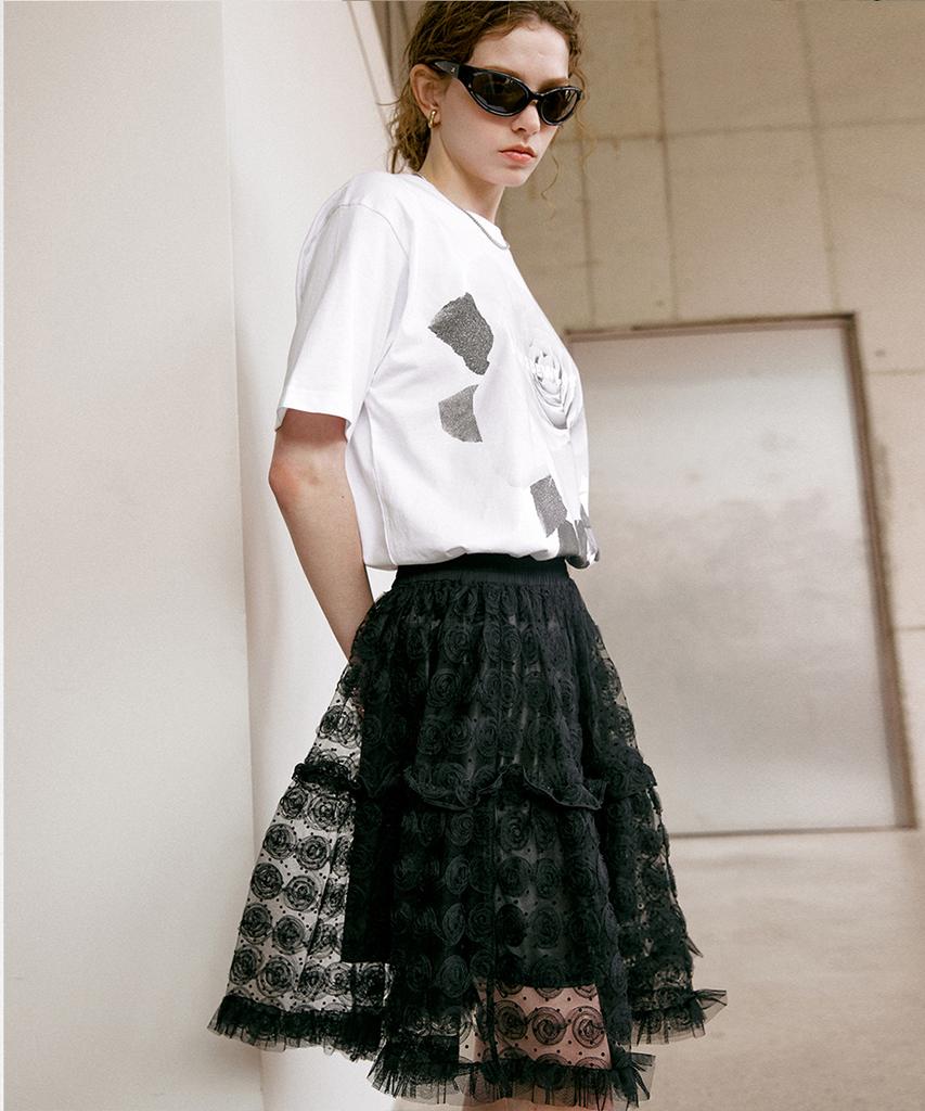 Dyuidyui Flower Mesh Mini Skirt_Black
