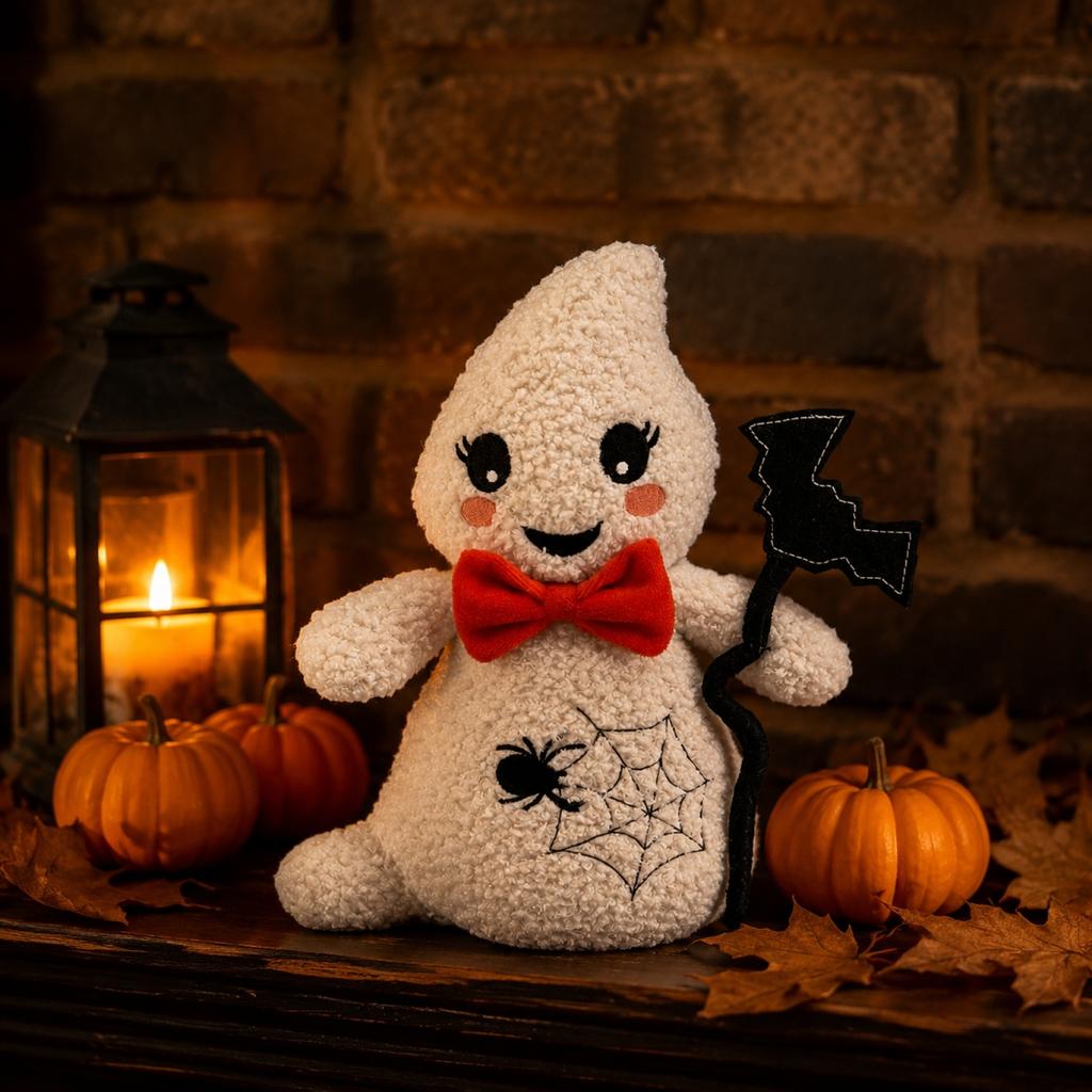Plush Ghost Toy Halloween Stuffed Animal with Spider Web Design and Bow Tie Soft Fabric Gift for Holiday Decoration and Collectible