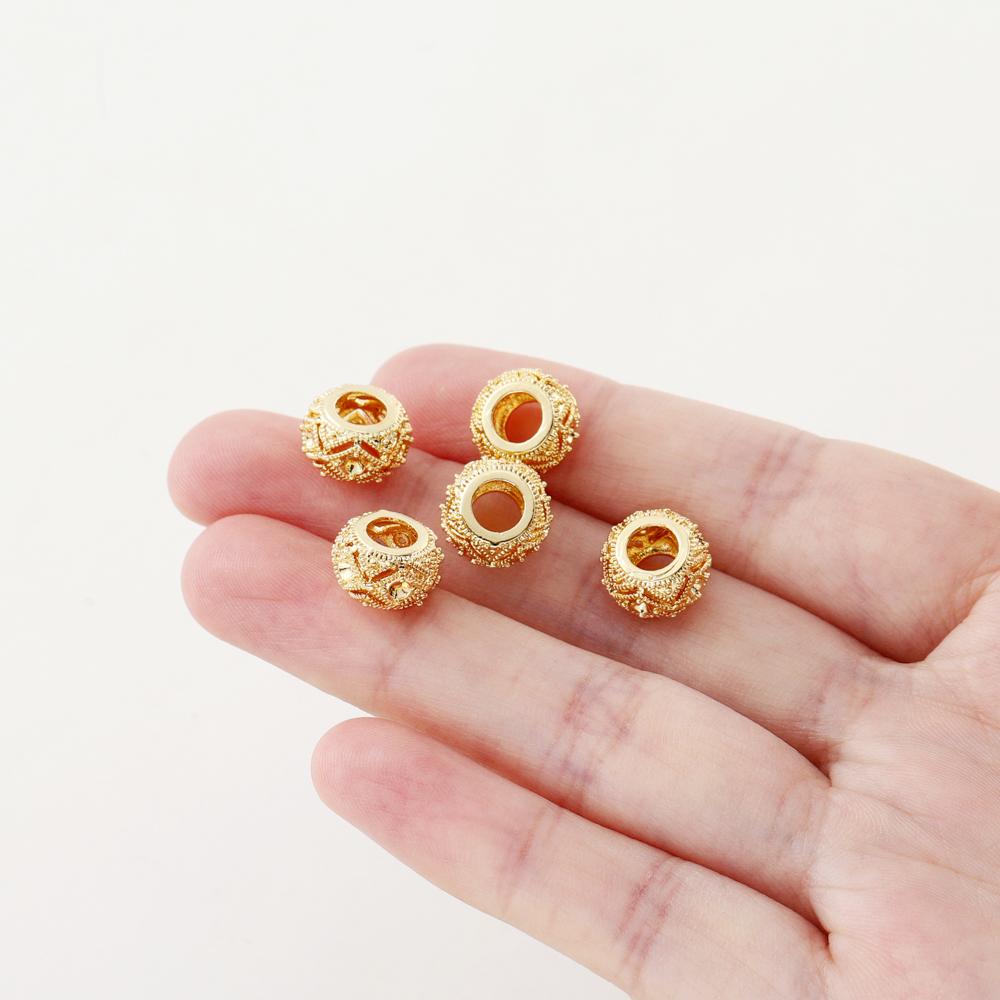 5pcs/lot 10mm 18K Gold Color Plated Brass Big Hole Beads Spacer Beads for Bracelet Necklace DIY Jewelry Making Accessories