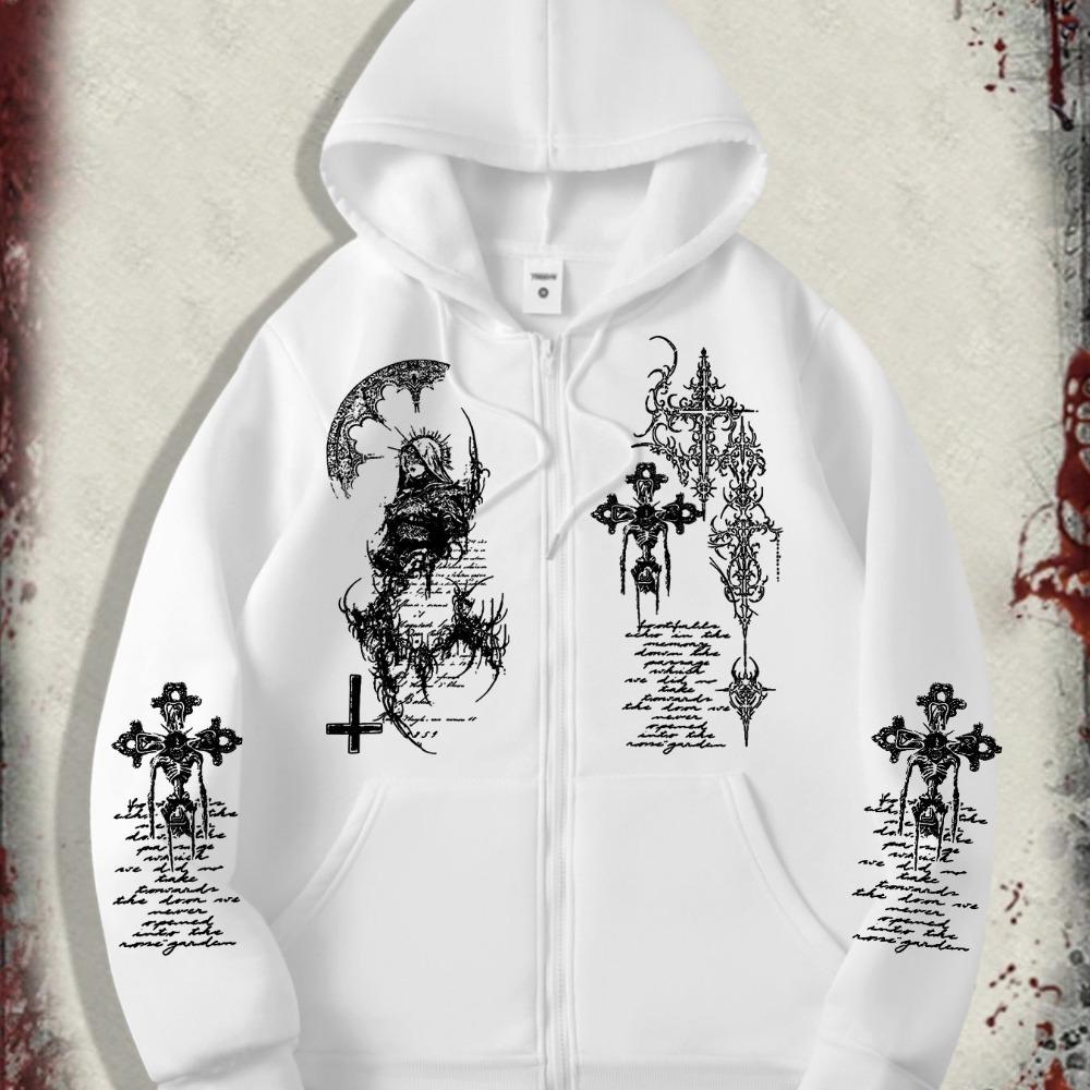 Herren Gothic Dunkler Engel Aufdruck Reißverschluss Hoodie, ein Modischer Street Style Reißverschluss Hoodie Geeignet für Lässige Anlässe XXL white