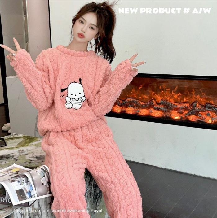 2025 Herbst/Winter Damen Verdicktes Korallenfleece Flanell Pyjama Set mit langem Cardigan, Übergröße, Warme Homewear.