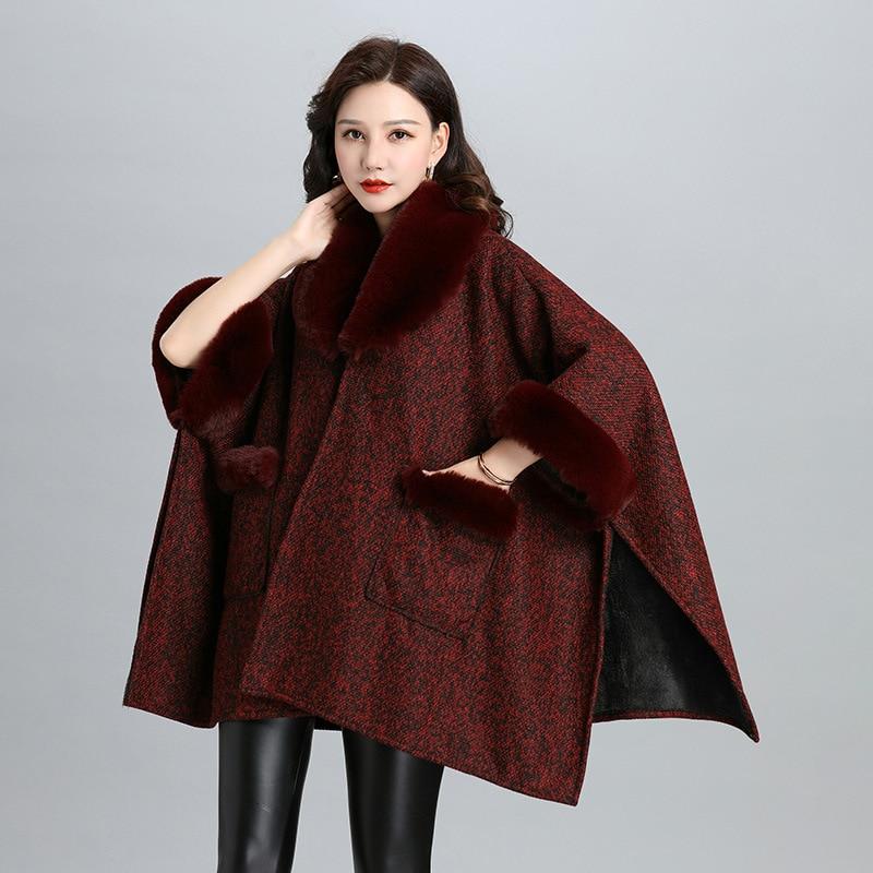 

2023 женский зимний длинный свободный кардиган с рукавами «летучая мышь», теплый толстый бархатный плащ с воротником из искусственного лисьего меха, пончо с карманом One Size