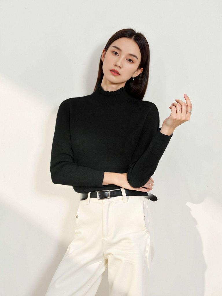 Autumn Winter Women's Seamless Wool Sweater – Ruffle Trim, Slim Fit, High Neck, Machine Washable Base Layer, Solid Color.