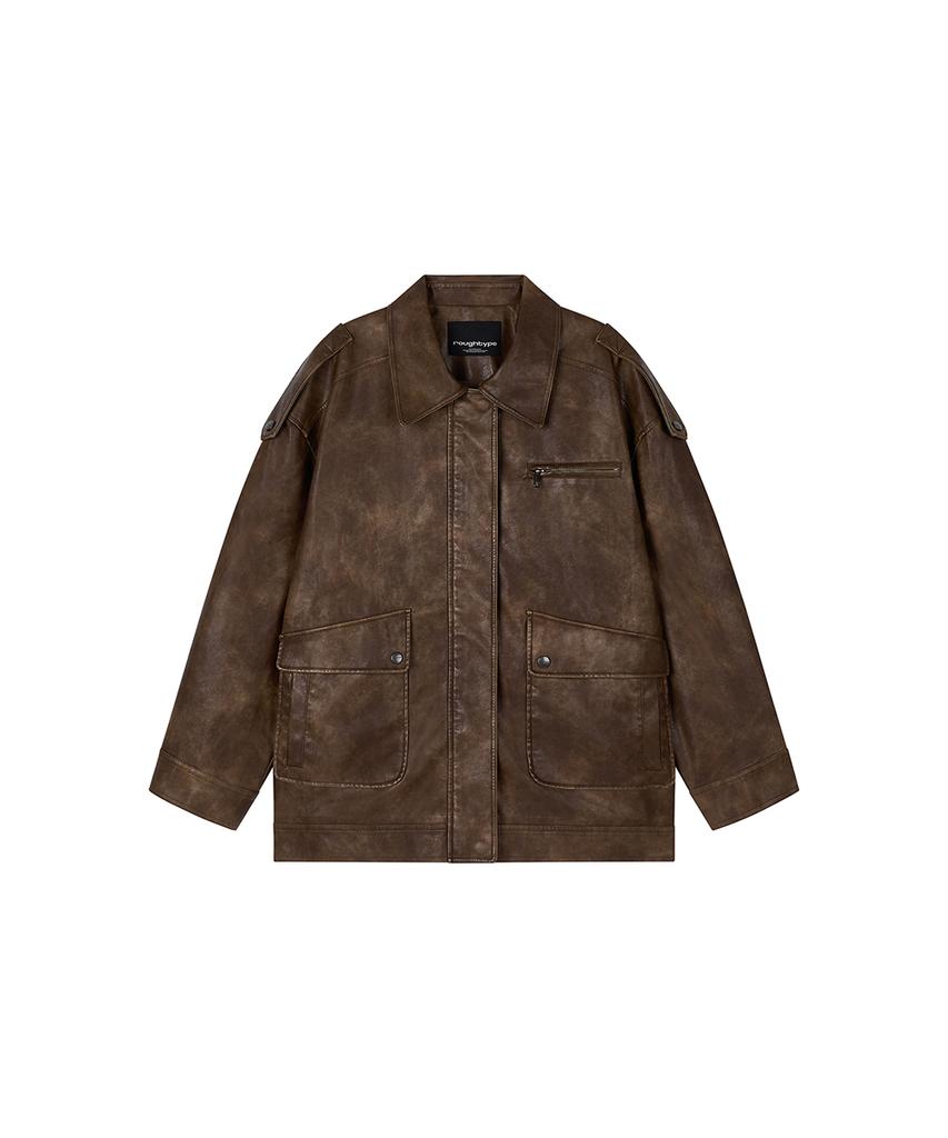 ROUGHTYPE Embossed Washed Leather Jacket - Brown