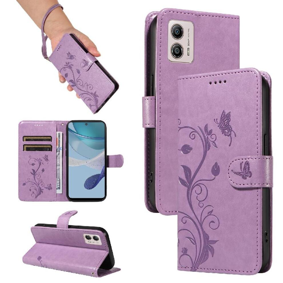 (Purple) Case For Motorola MOTO G13/G23/G53 Wallet Phone Case Embossed Butterfly With Hand Strap And Card Slot High Quality Leather