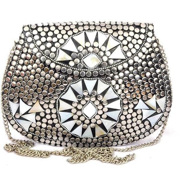 Vintage Bridal Women's Antique Brass Purse Ethnic Handmade Metal Clutch Bag Silver