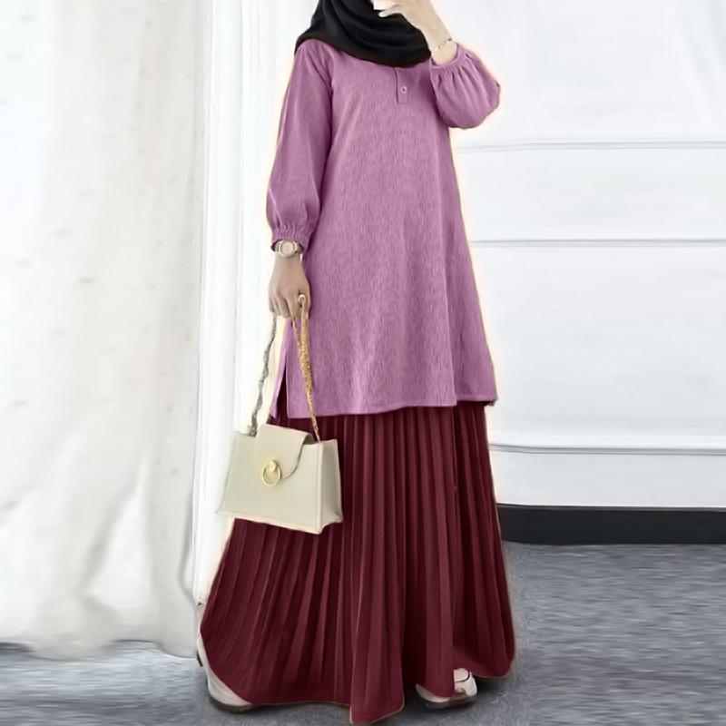 

ZANZEA Women Long Sleeve Blouse and Pleated Skirts Casual Two Piece Suit Sets 5XL кларет