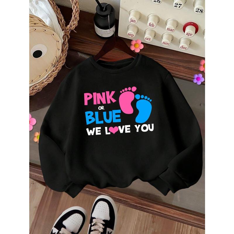 Kids Crewneck Sweatshirt, PINK OR BLUE WE LOVE YOU Text & Footprint Print 110 чёрный