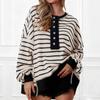 Womens Loose Fit V-Neck Colorblock Striped Long Sleeve Top Winter Streetwear