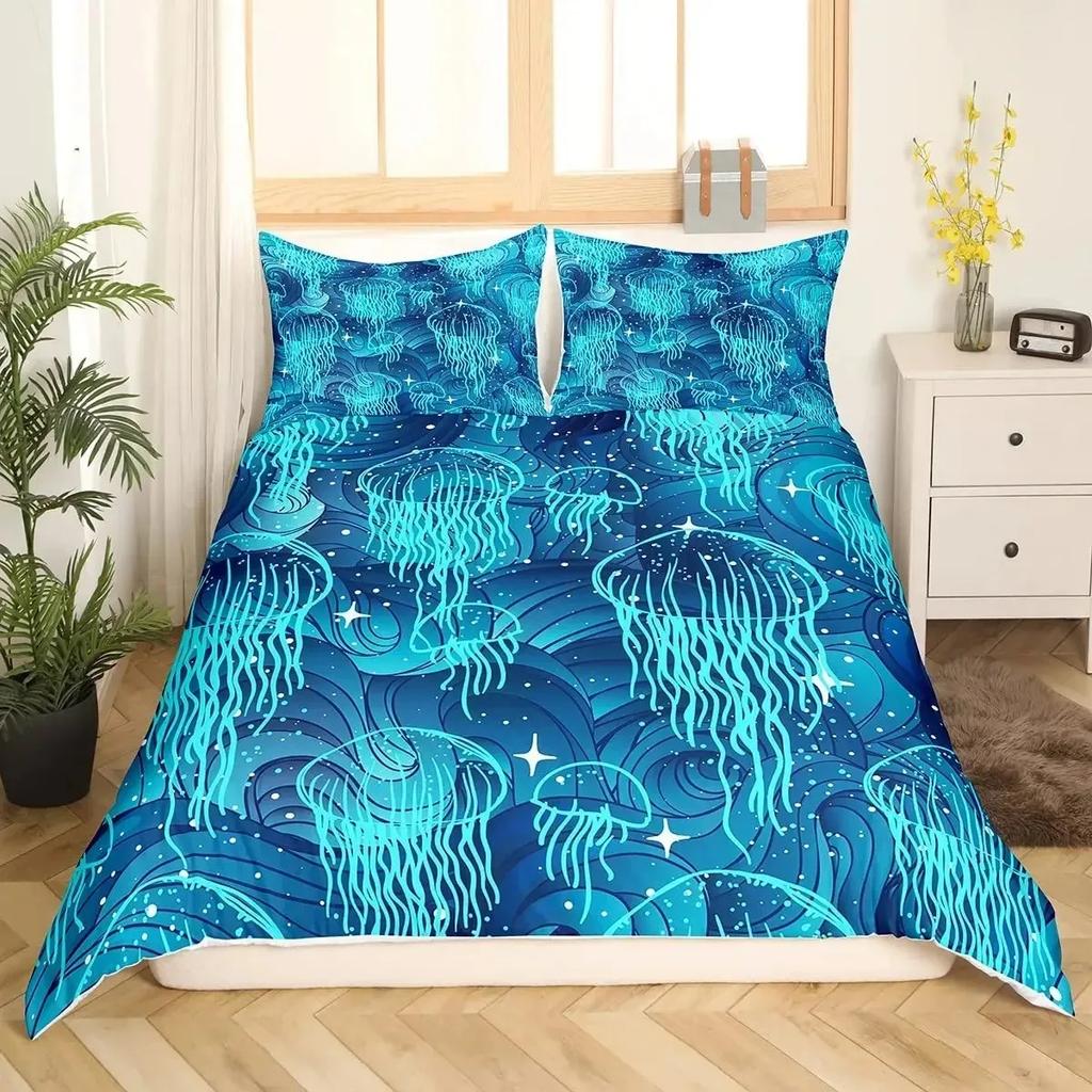 Teal Warm Comforter Cover Set King-Sized Dimensionsd Dimensions Ocean Decor,Jelyfish Soft Duvet Cover Nautical Sea Beding Set Marine Life Retro