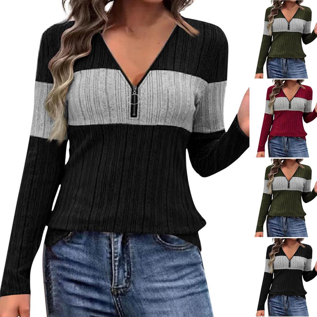 Ladies' Casual And Fashionable Color Blocked V-neck Long Sleeved Half Zipper Top