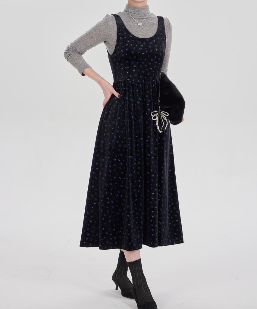Maia Velvet Flower Dress - Teal Blue (Tencel T-Shirt Set)