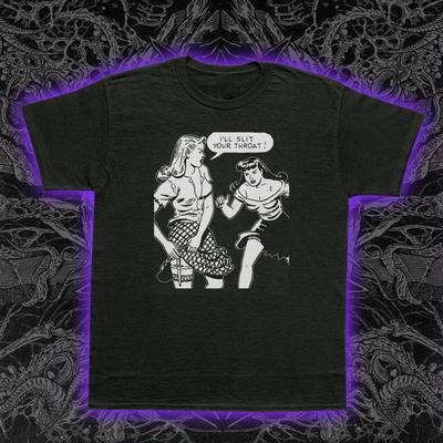 Girl Fight T-Shirt Retro Comic Pulp Art Dark Humor Slogan I'll Slit Your Throat