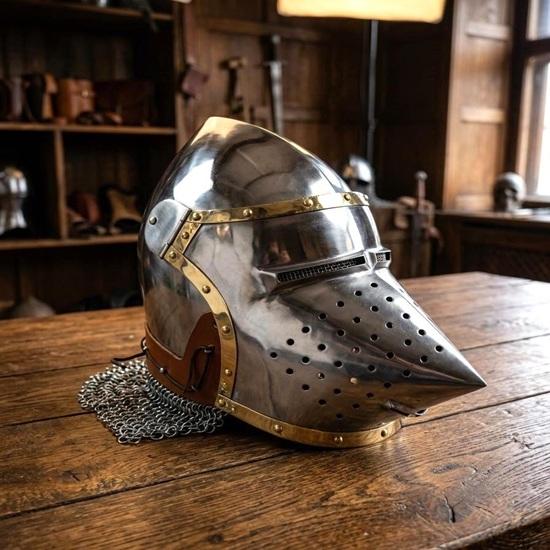 Handgefertigter Stahlritterhelm mit Kettenhemd-Aventail, Gotische Kreuzritter-Rüstungsreplik