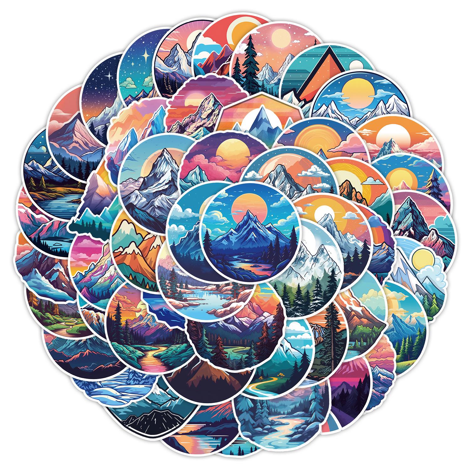 50 Iridescent Snow Mountain Graffiti Stickers - Waterproof for Skateboards, Luggage, Notebooks, and Journals 50 Sheets