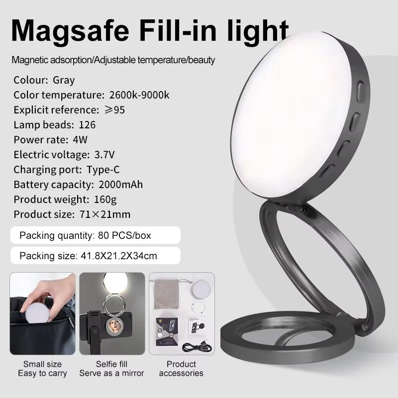 Foldable Mini Magsafe Selfie Light With Mirror For Cell Phone Pocket Magnetic Ring Light Photography Iphone 16/15 Samsung Led