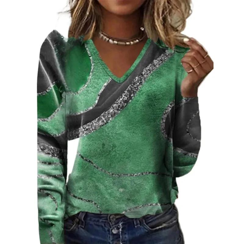 

Autumn Winter Fashion V-Neck Printed Long Sleeve T-Shirt Women s XS