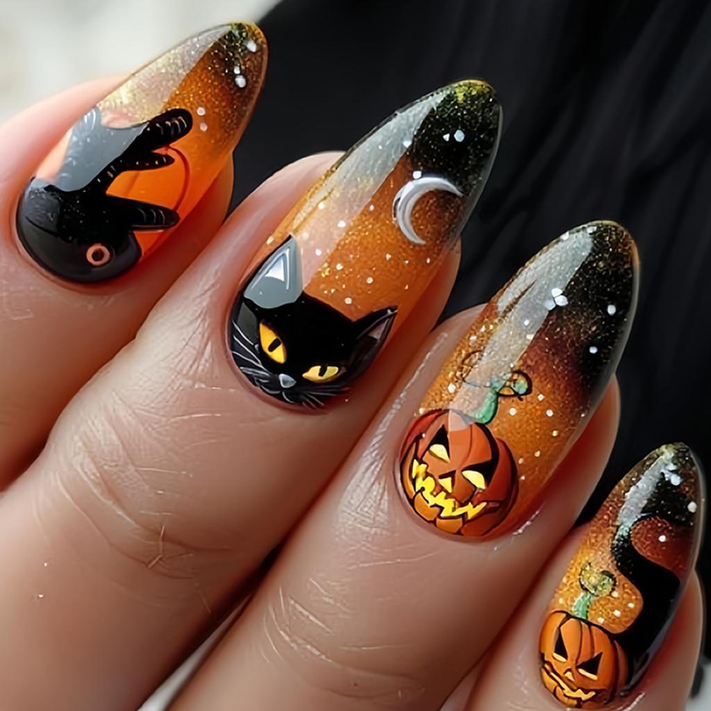 24Pcs Halloween Press On Nails Medium Almond Fake Nails Pumpkin Ghost Spider Web Design Full Cover False Nail Tips