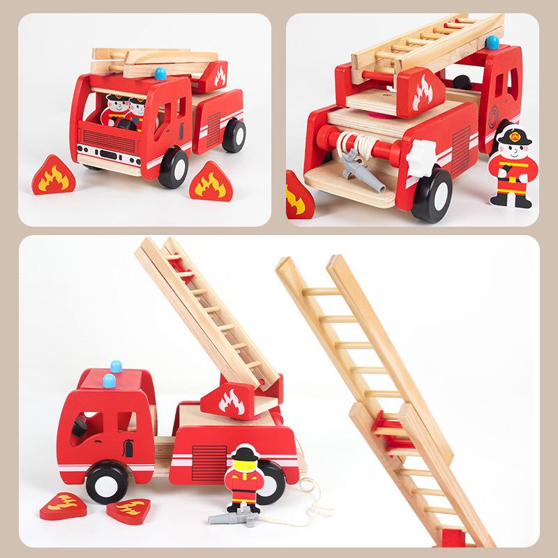 Wooden Fire Truck Model with Folding Ladder – Educational Building Blocks for Boys Ages 3-6