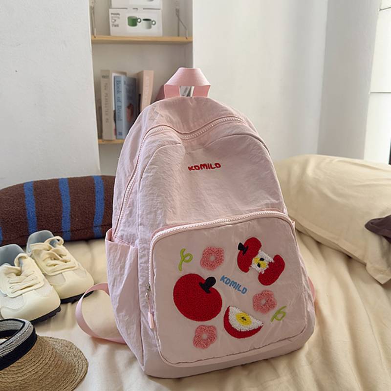 Fruit Pattern Nylon Backpack For Girls With Apple Print And Zipper Design