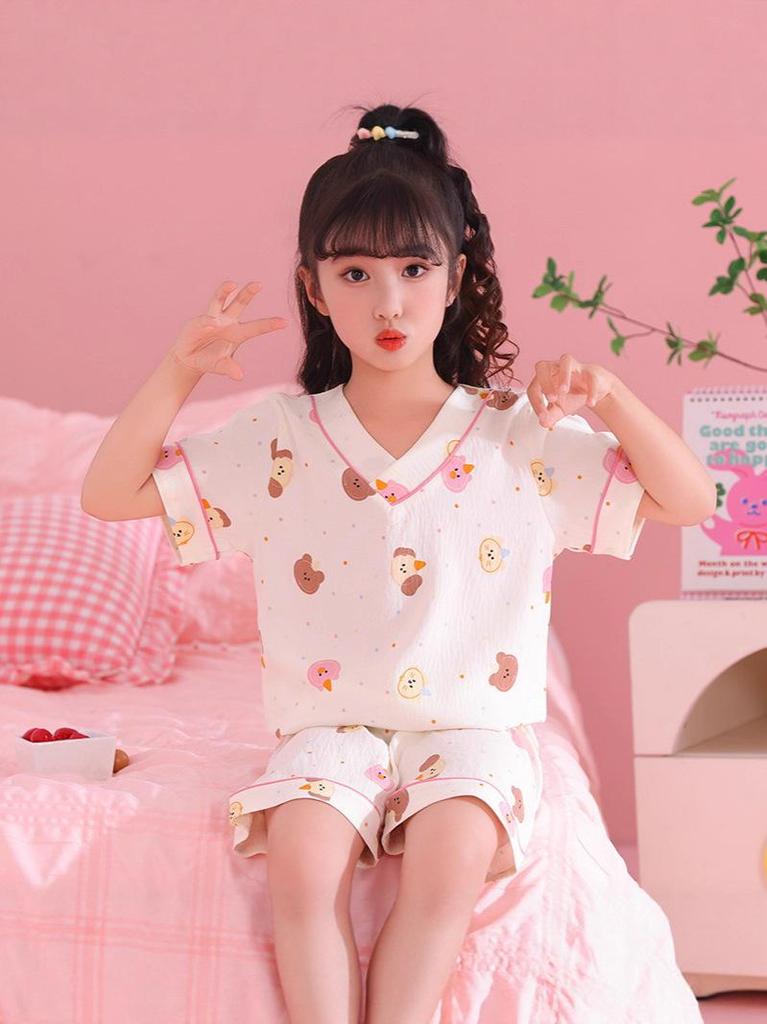 Girls' Summer Cloud Cotton Pajama Set - Short Sleeve V-Neck, Light Two-Piece Homewear
