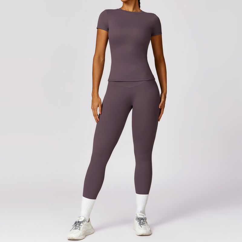 

Guangzhou Zechuang Clothing Co., Ltd. Zipper Quick-Drying Long Sleeves Tight Yoga Suit Spring High-Intensity Running Short sleeve + pants eggplant purple XL