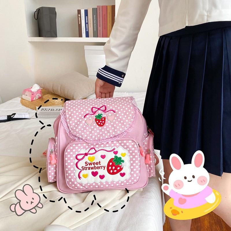 2026 New Japanese Cartoon Pink Backpack Book Bags Pink Girl Embroidery Strawberry Children's Schoolbag Student Birthday Gift