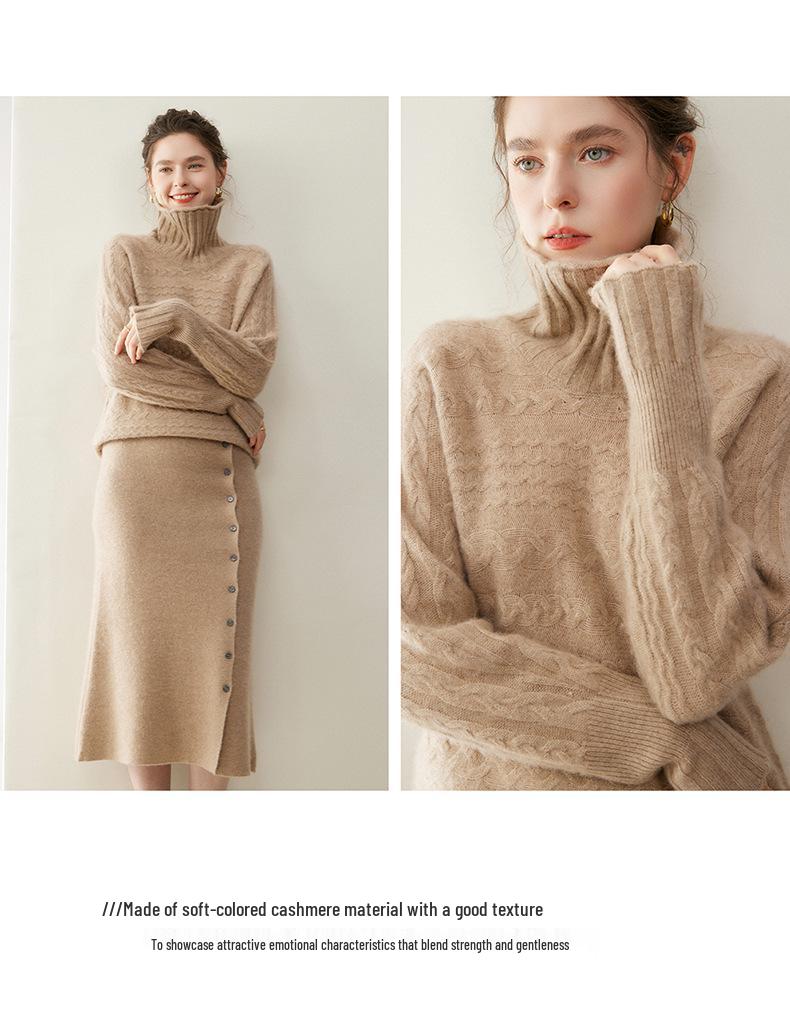 Autumn Winter Retro Cable Knit High Neck Cashmere Women's Sweater - Loose Fit, Solid Color Pullover