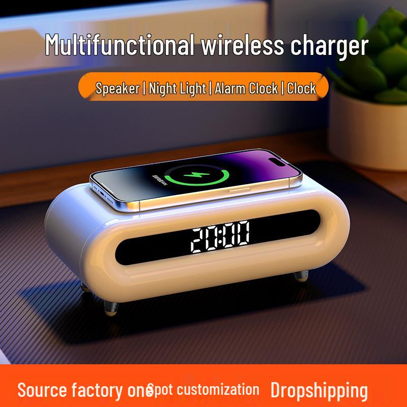 2025 Multifunktionales kabelloses Ladegerät & Bluetooth-Lautsprecher mit buntem Nachtlicht & Wecker - Ideales Geschäftsgeschenk für Gäste