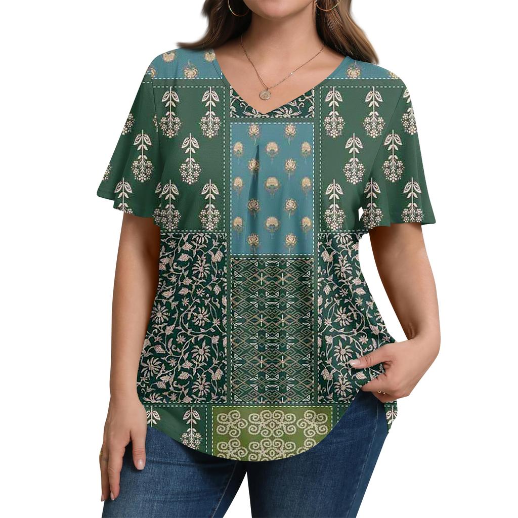 Women's Plus Size Fashionable Casual Loose-Fit Short Sleeve Elegant V Neck Blouse For Work
