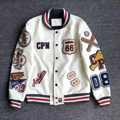 Unisex Multi-Logo Embroidered Leather Baseball Jacket - Autumn/Winter Loose Fit Single-Breasted Outerwear