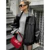 2026 Autumn Winter New Women's Faux Leather Jacket Loose Long Sleeve Lapel Vintage Motorcycle Coat