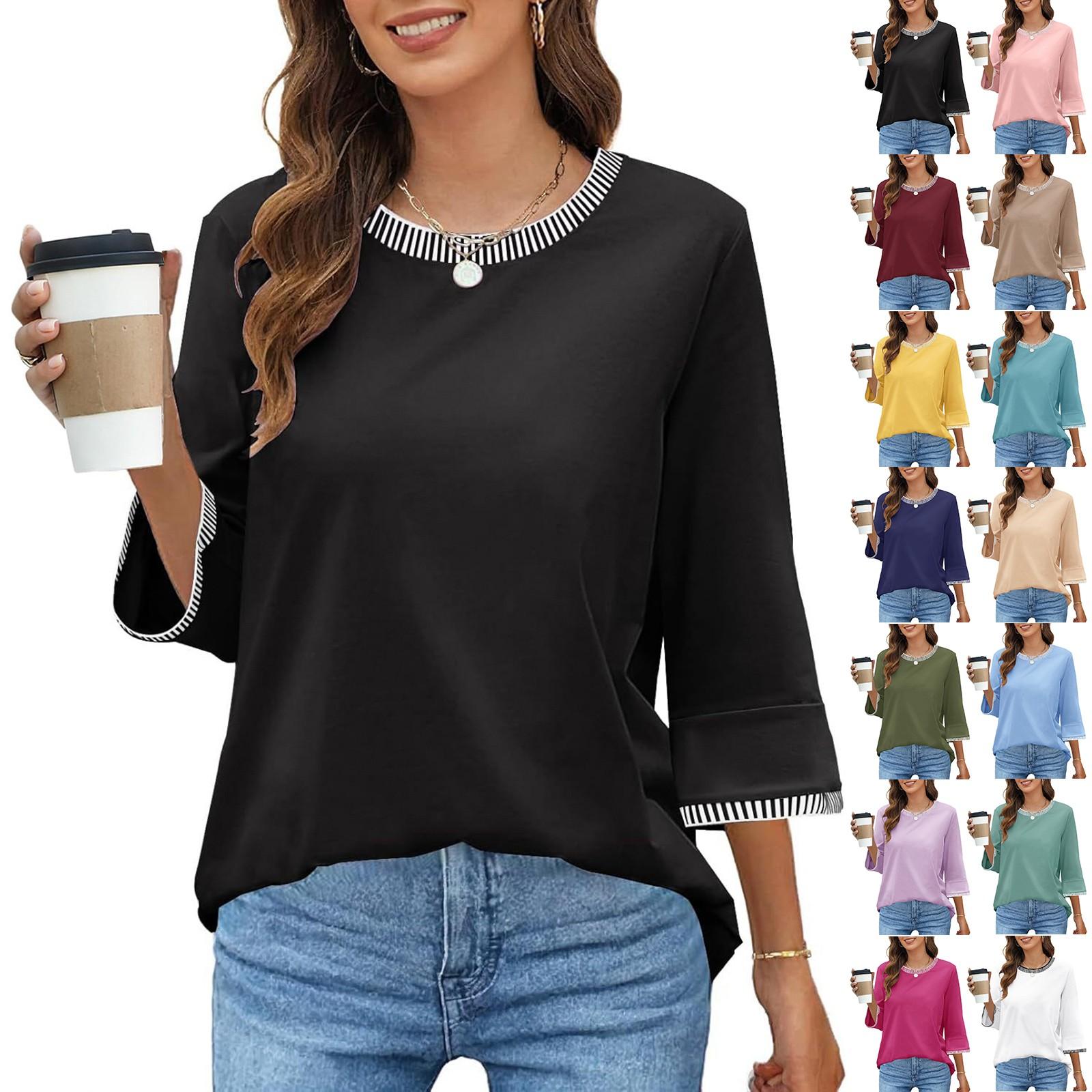 

Women s Fashion Loose Round Neck Clashing Colour T-Shirt Seven Sleeve Top M