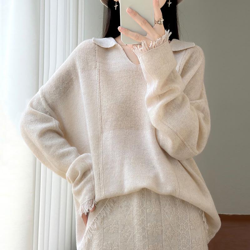 Women's Early Autumn 100% Wool Tassel Lapel Sweater - Stylish Loose Knitwear with Drop Shoulders