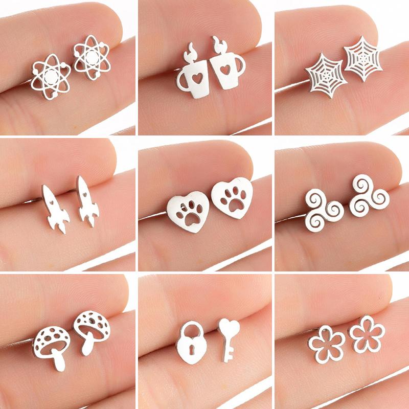 Lovely Dog Paw Earrings Women Multiple Stainless Steel Earings Fashion Jewelry Mushroom Rocket Lighter Ear Studs Weird Gift