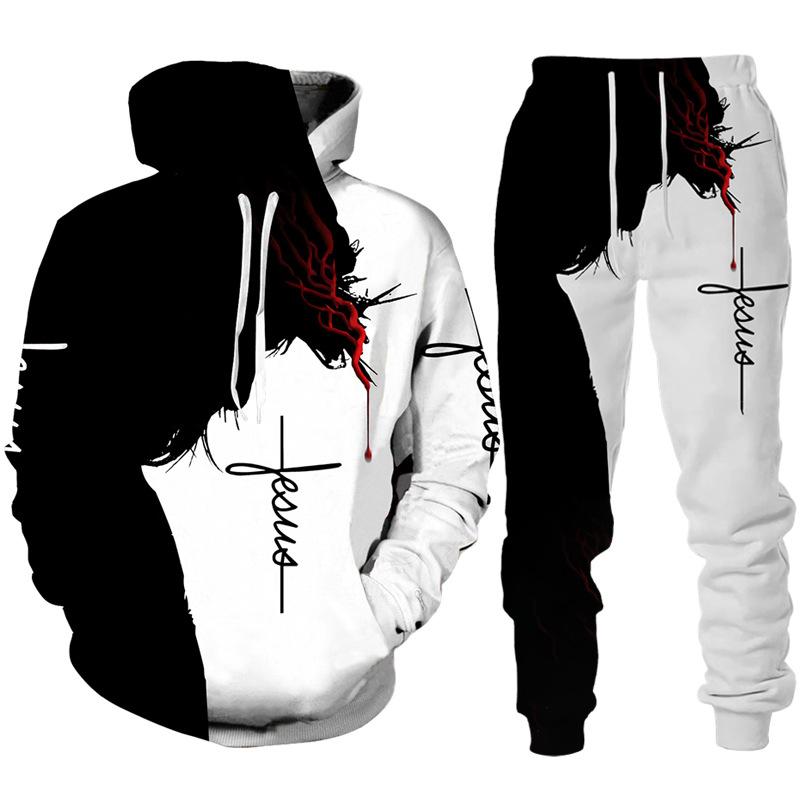 Spring Autumn Fashion Casual Men's Hoodies Set 3D Animal Lion Cross Printing Sweatshirts Sweatpants 2 Piece Set Men Clothing Suit