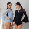 Women's Bell Sleeve Bodysuit: Long-Sleeved, Built-in Bra, Sexy Hollow-Out, Breathable, Slimming, Modern Dancewear.
