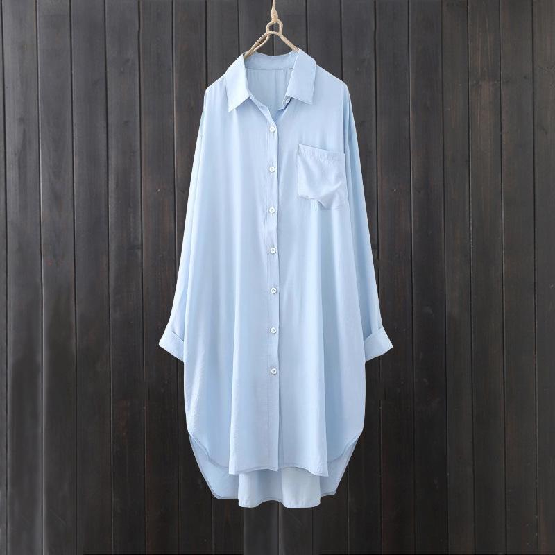 Women's Summer White Shirt: Artistic Loose-Fit, Mid-Length, Sun Protection, Thin Jacket with High-Low Hem.